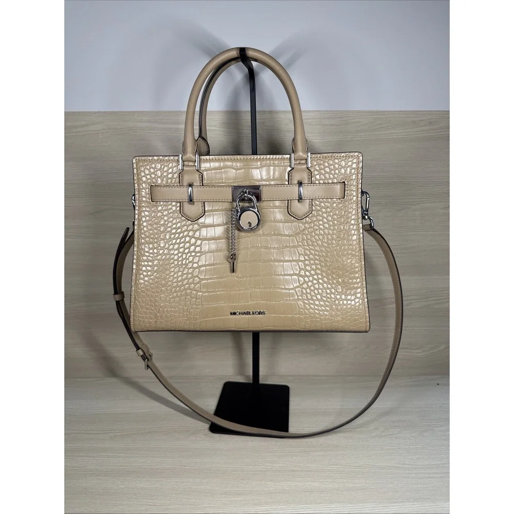 MICHAEL KORS HAMILTON MEDIUM SATCHEL SHOULDER CROSSBODY BAG ALLIGATOR BEIGE